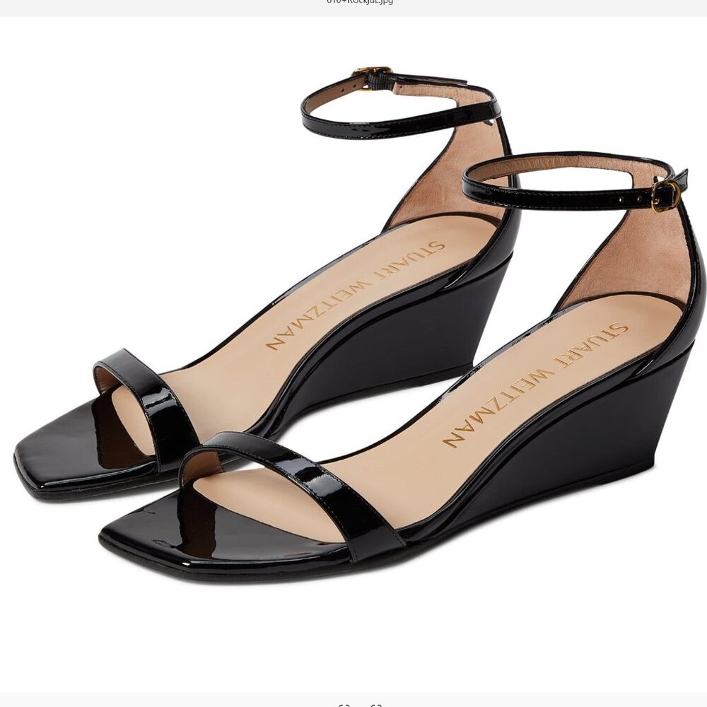 Stuart Weitzman Black Patent Leather Wedge Sandals